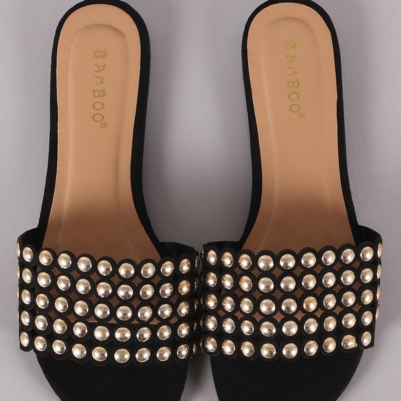 Black Vegan Bamboo Suede Dome Studded Slide - Picture 2 of 3